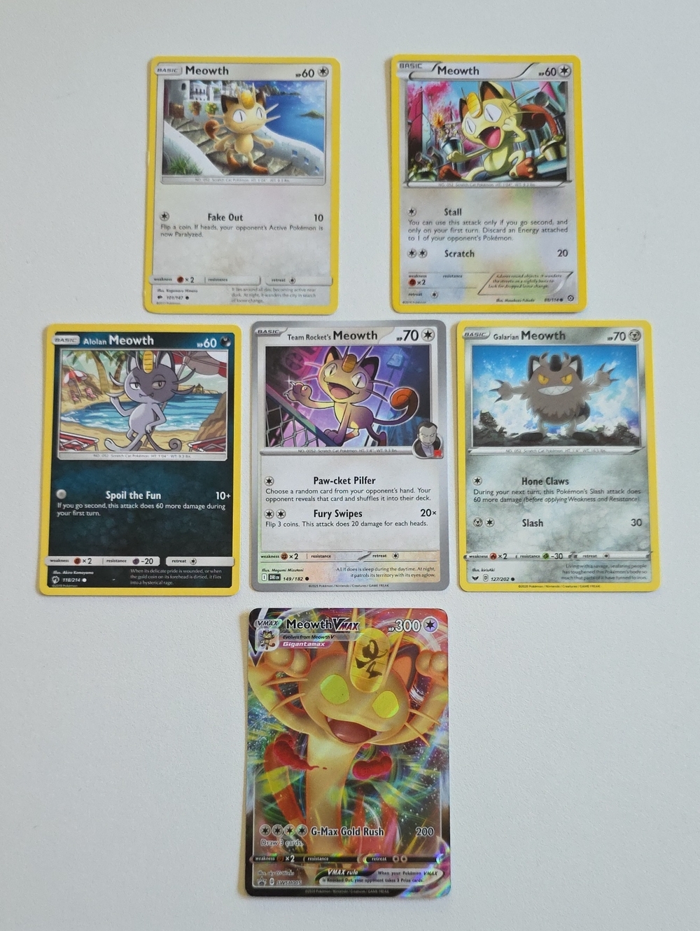 Pokemon Meowth Trading Cards - Alolan, Team Rocket's, Galarian, Vmax